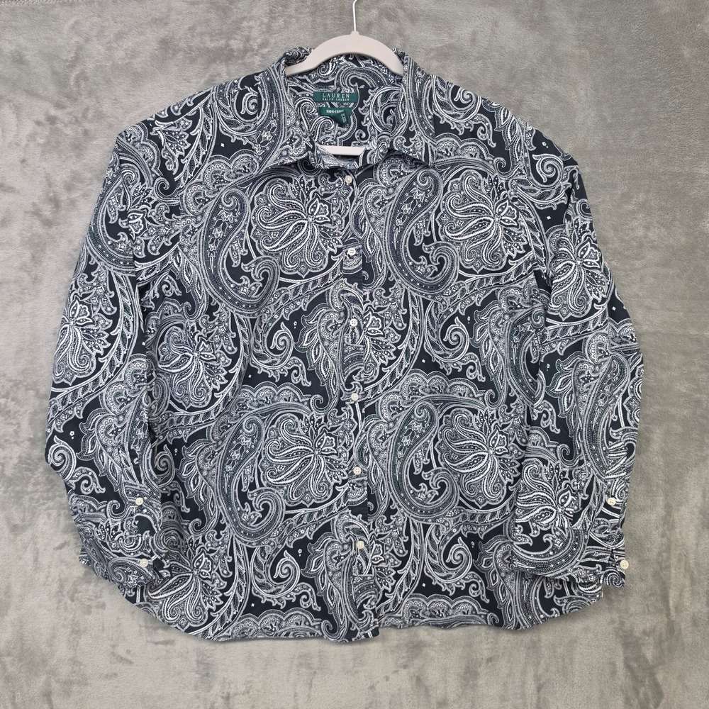 Lauren Ralph Lauren Womens 3X Paisley Non-Iron Cotton Button Down Shirt Navy